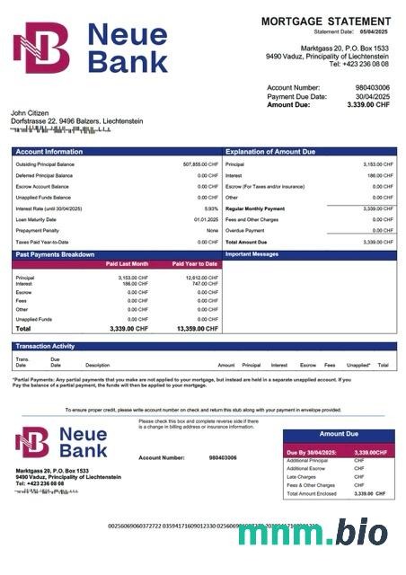 Liechtenstein Neue Bank wyciąg z kredytu hipotecznego szablon Word i PDF